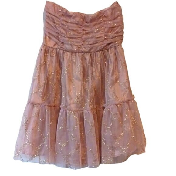 As U Wish Strapless Champaign Pink/Gold Shimmer Tulle Mini Dress Size 3 Juniors - Picture 4 of 14